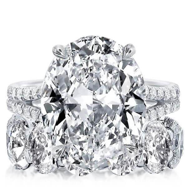 Oval Created White Sapphire Bridal Set - Sterling Silver Split Shank Wedding Rings