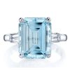 Three Stone Emerald Cut Aquamarine Engagement Ring in Rhodium-Plated Sterling Silver