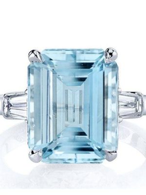 Three Stone Emerald Cut Aquamarine Engagement Ring in Rhodium-Plated Sterling Silver