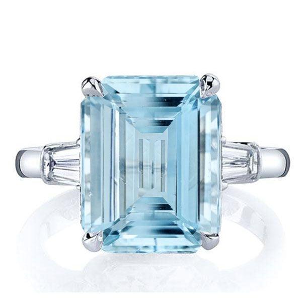 Three Stone Emerald Cut Aquamarine Engagement Ring in Rhodium-Plated Sterling Silver