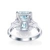 Three Stone Emerald Cut Aquamarine Engagement Ring in Rhodium-Plated Sterling Silver