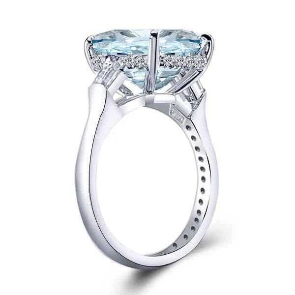 Three Stone Emerald Cut Aquamarine Engagement Ring in Rhodium-Plated Sterling Silver