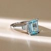 Three Stone Emerald Cut Aquamarine Engagement Ring in Rhodium-Plated Sterling Silver