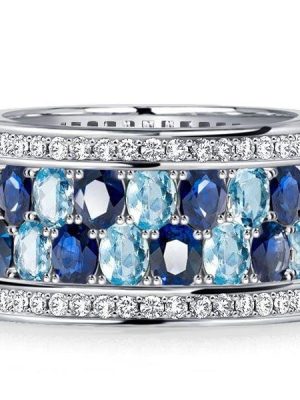 Oval Cut Blue Multi Row Aquamarine Wedding Band Ring in Sterling Silver for Women