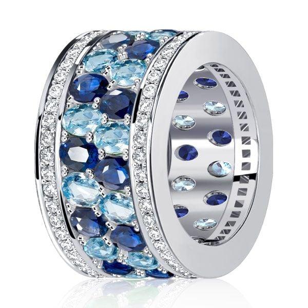 Oval Cut Blue Multi Row Aquamarine Wedding Band Ring in Sterling Silver for Women