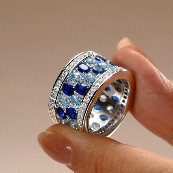 Oval Cut Blue Multi Row Aquamarine Wedding Band Ring in Sterling Silver for Women