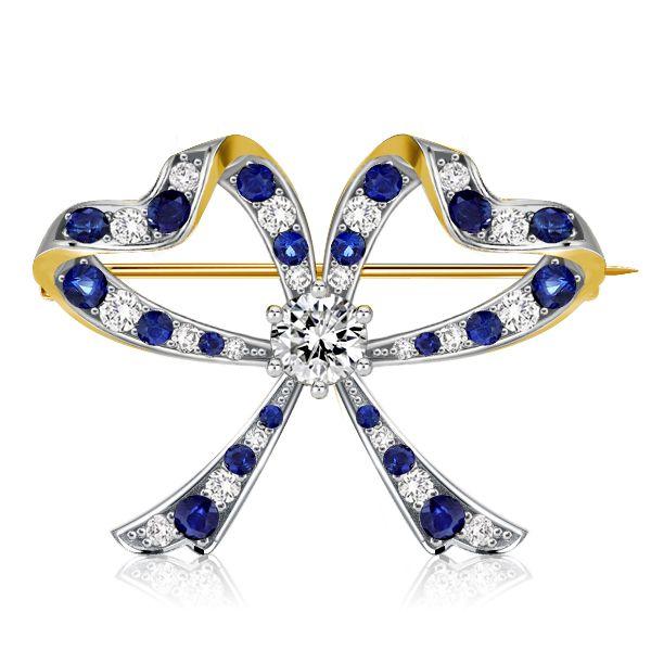 Vintage Inspired Blue & White Bow Brooch - Sterling Silver Plated