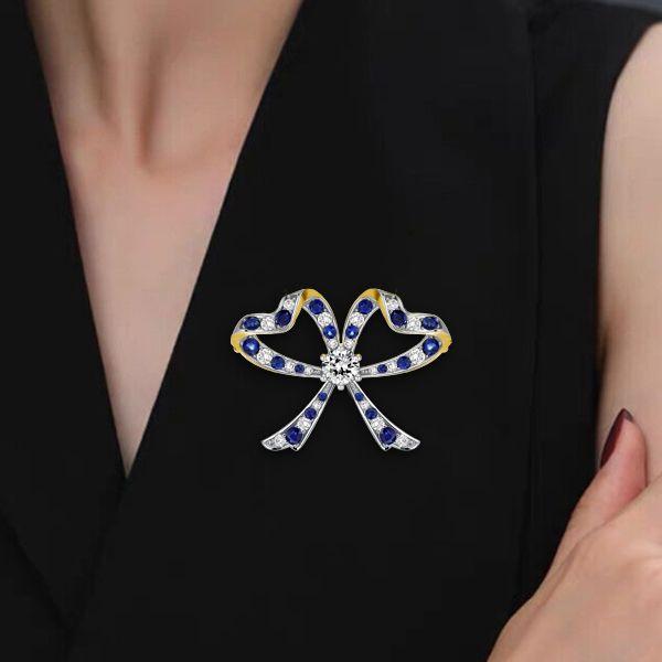 Vintage Inspired Blue & White Bow Brooch - Sterling Silver Plated