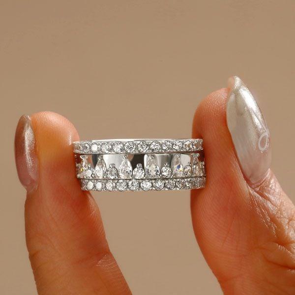 Triple Row Stackable Band Set - Round & Pear Cut Simulated Diamond, 925 Sterling Silver