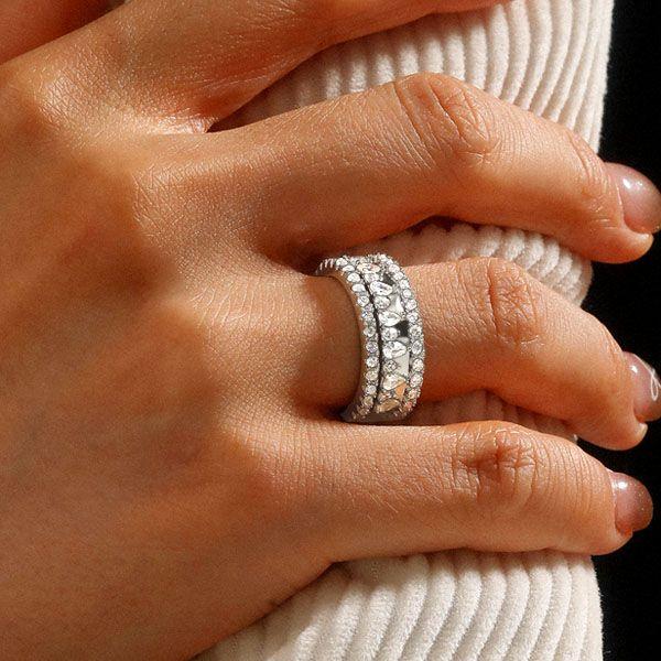 Triple Row Stackable Band Set - Round & Pear Cut Simulated Diamond, 925 Sterling Silver