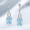 Sterling Silver Emerald Cut Aquamarine Drop Earrings for Women | Rhodium Plated