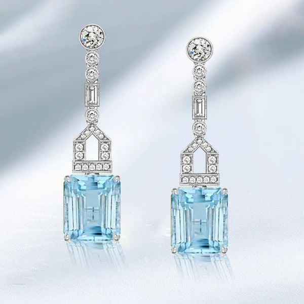 Sterling Silver Emerald Cut Aquamarine Drop Earrings for Women | Rhodium Plated