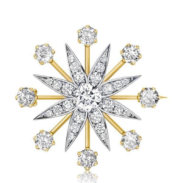 Antique Style Star Brooch, Two-Tone 925 Sterling Silver Plated, Round Cut Accents