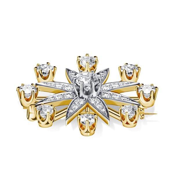 Antique Style Star Brooch, Two-Tone 925 Sterling Silver Plated, Round Cut Accents