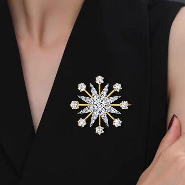 Antique Style Star Brooch, Two-Tone 925 Sterling Silver Plated, Round Cut Accents