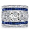Asscher Cut Blue Sapphire Art Deco Cocktail Ring in Sterling Silver