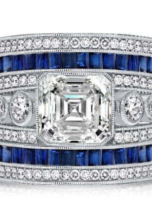 Asscher Cut Blue Sapphire Art Deco Cocktail Ring in Sterling Silver