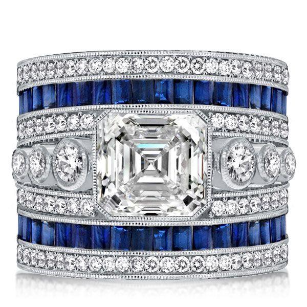 Asscher Cut Blue Sapphire Art Deco Cocktail Ring in Sterling Silver
