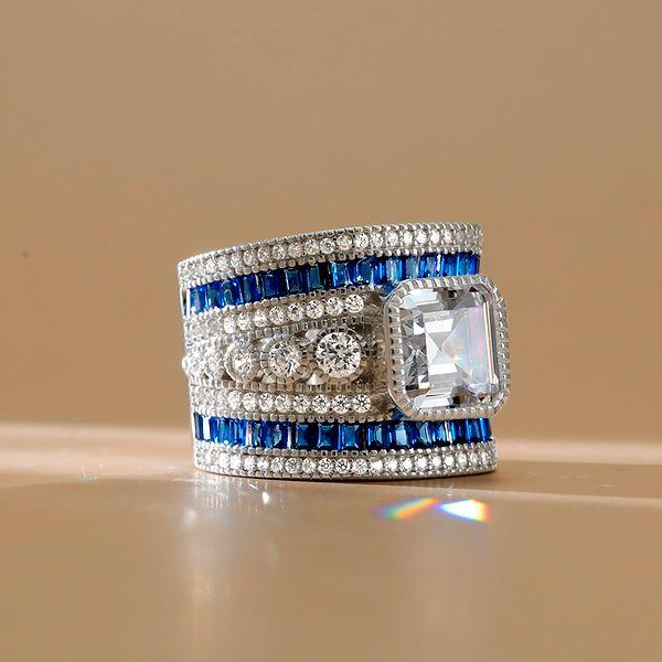 Asscher Cut Blue Sapphire Art Deco Cocktail Ring in Sterling Silver