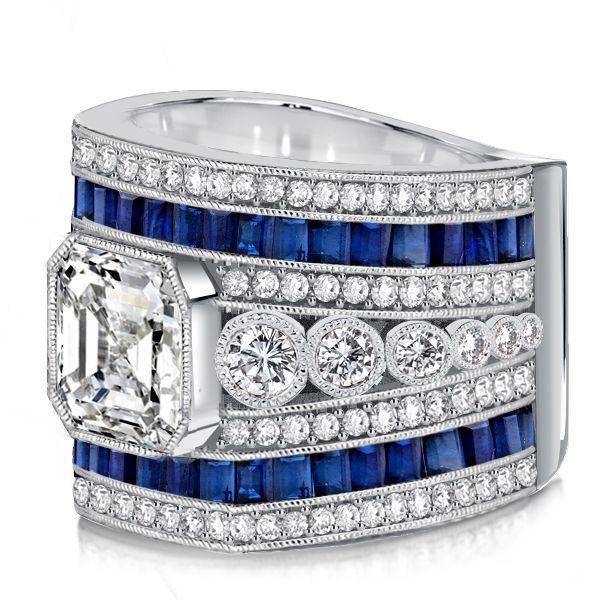 Asscher Cut Blue Sapphire Art Deco Cocktail Ring in Sterling Silver