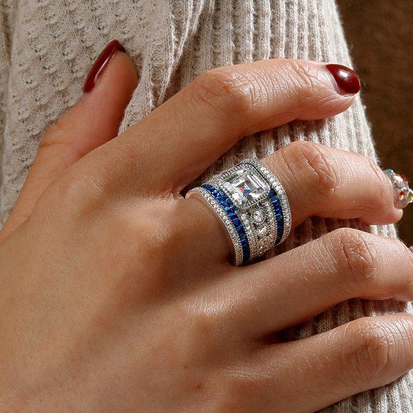 Asscher Cut Blue Sapphire Art Deco Cocktail Ring in Sterling Silver