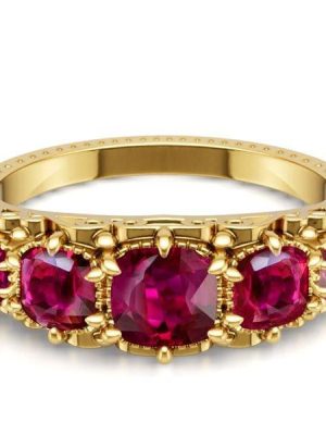 Five Stone Antique Cushion Cut Ruby Wedding Band in 18K Gold Plated Sterling Silver