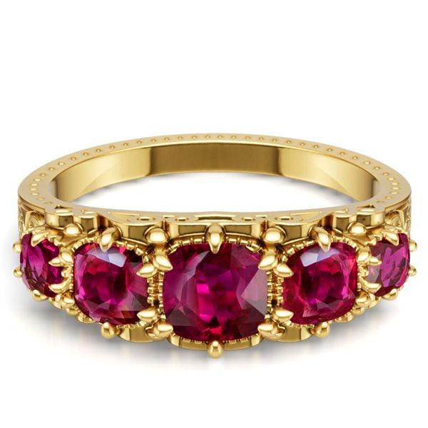 Five Stone Antique Cushion Cut Ruby Wedding Band in 18K Gold Plated Sterling Silver