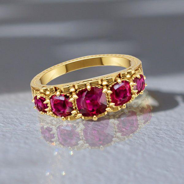Five Stone Antique Cushion Cut Ruby Wedding Band in 18K Gold Plated Sterling Silver