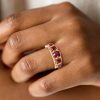 Five Stone Antique Cushion Cut Ruby Wedding Band in 18K Gold Plated Sterling Silver