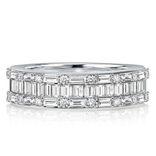 Triple Row Baguette Half Eternity Wedding Band in Sterling Silver