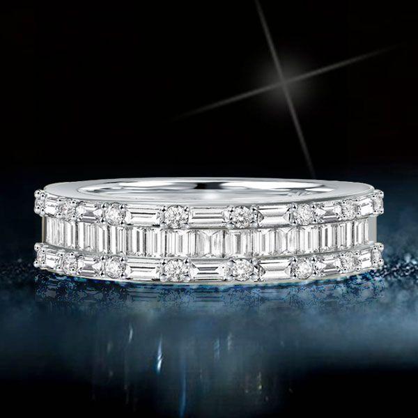 Triple Row Baguette Half Eternity Wedding Band in Sterling Silver