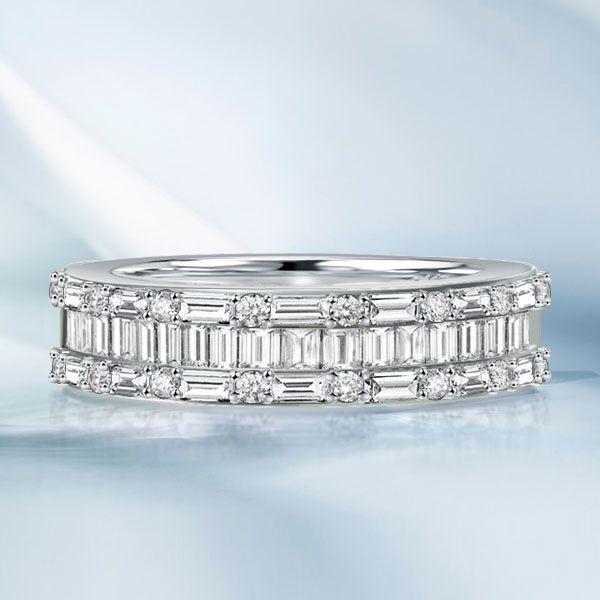 Triple Row Baguette Half Eternity Wedding Band in Sterling Silver