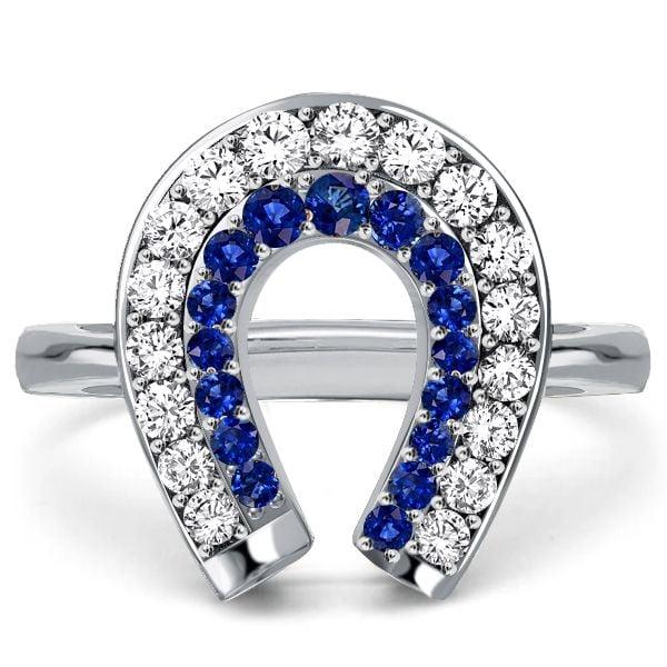 Sterling Silver White and Blue Sapphire Horseshoe Ring for Women | 0.85 CTW