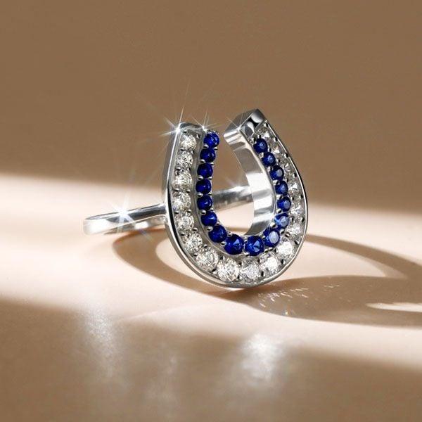 Sterling Silver White and Blue Sapphire Horseshoe Ring for Women | 0.85 CTW