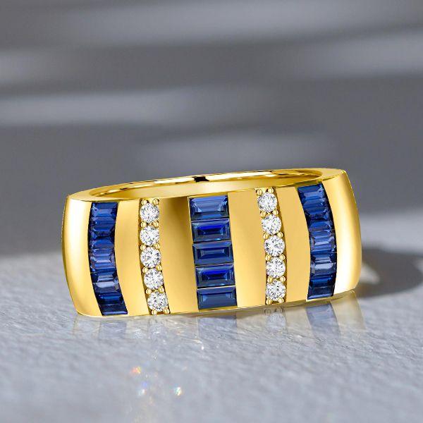 Baguette Created Blue Sapphire Wedding Band - 18K Gold Plated Sterling Silver
