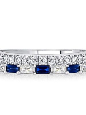Radiant Cut Blue Sapphire Ring - Sterling Silver Half Eternity Band (1.30 CT)