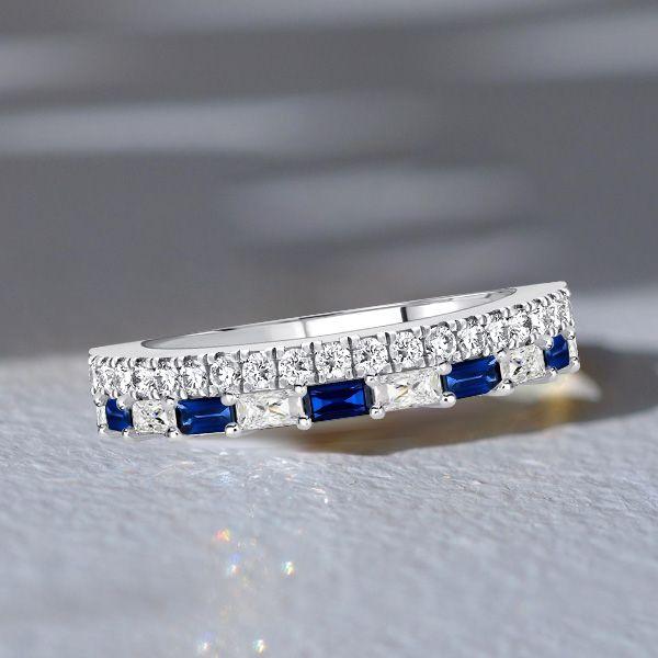 Radiant Cut Blue Sapphire Ring - Sterling Silver Half Eternity Band (1.30 CT)