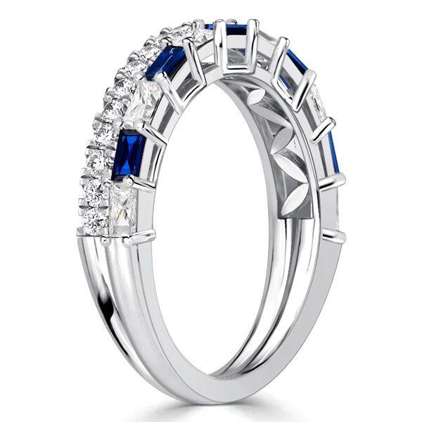Radiant Cut Blue Sapphire Ring - Sterling Silver Half Eternity Band (1.30 CT)