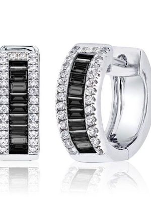 Sterling Silver Black Baguette & Round CZ Triple Row Hoop Earrings