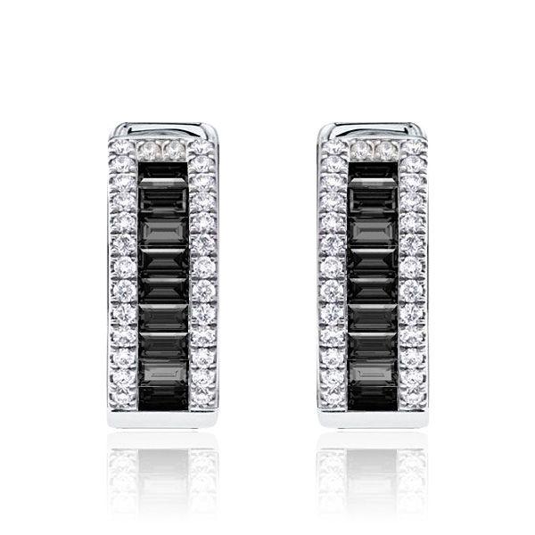 Sterling Silver Black Baguette & Round CZ Triple Row Hoop Earrings