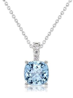 Sterling Silver Cushion Cut Aquamarine Pendant Necklace with Rhodium Finish