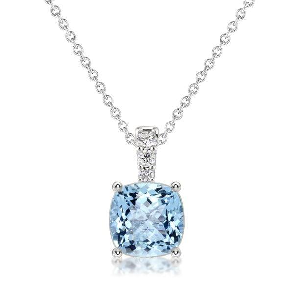 Sterling Silver Cushion Cut Aquamarine Pendant Necklace with Rhodium Finish