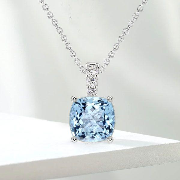 Sterling Silver Cushion Cut Aquamarine Pendant Necklace with Rhodium Finish