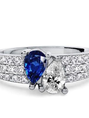 Toi Et Moi Pear Cut White and Blue Sapphire Ring in Rhodium-Plated 925 Sterling Silver for Women