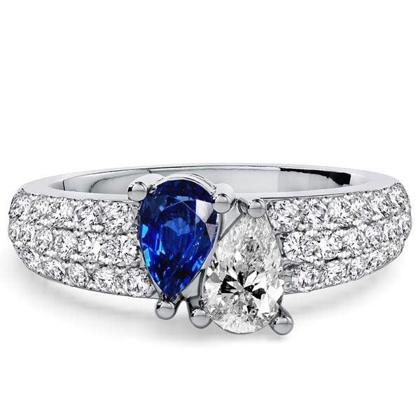 Toi Et Moi Pear Cut White and Blue Sapphire Ring in Rhodium-Plated 925 Sterling Silver for Women