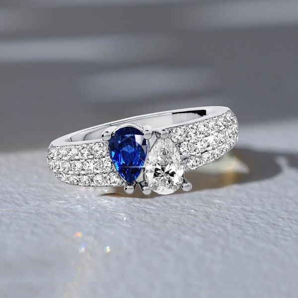 Toi Et Moi Pear Cut White and Blue Sapphire Ring in Rhodium-Plated 925 Sterling Silver for Women