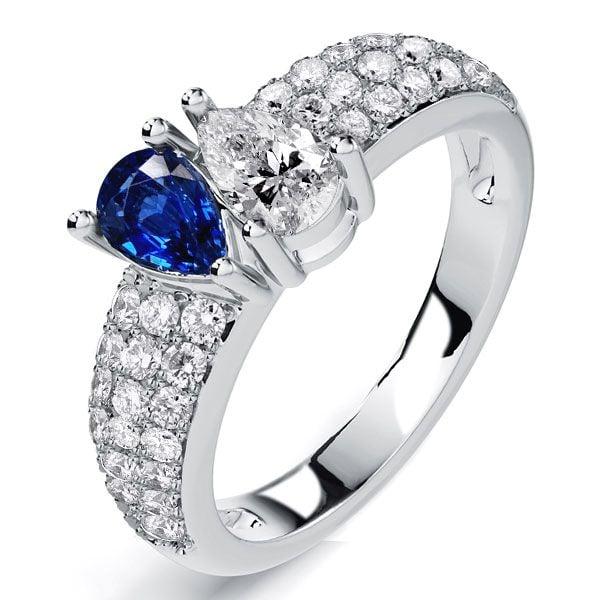Toi Et Moi Pear Cut White and Blue Sapphire Ring in Rhodium-Plated 925 Sterling Silver for Women