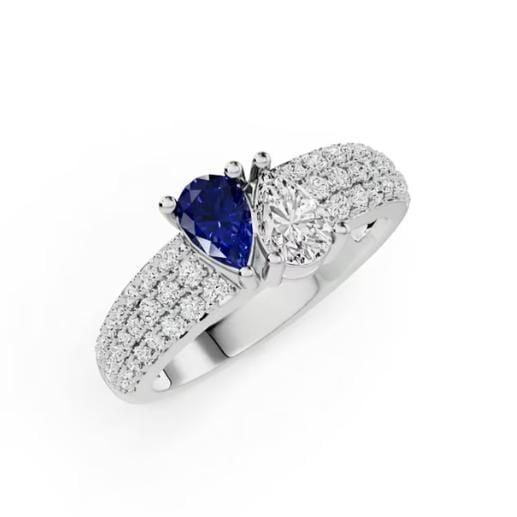 Toi Et Moi Pear Cut White and Blue Sapphire Ring in Rhodium-Plated 925 Sterling Silver for Women