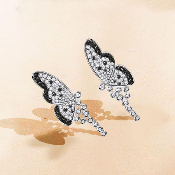 Black and White Butterfly Chandelier Earrings - Sterling Silver Bridal Earrings