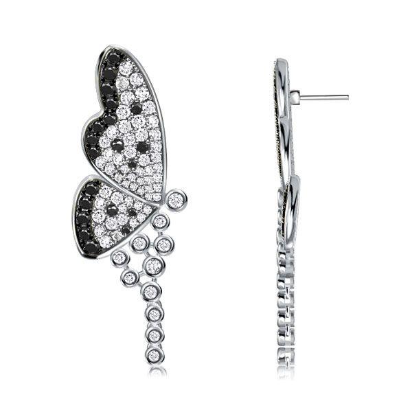Black and White Butterfly Chandelier Earrings - Sterling Silver Bridal Earrings